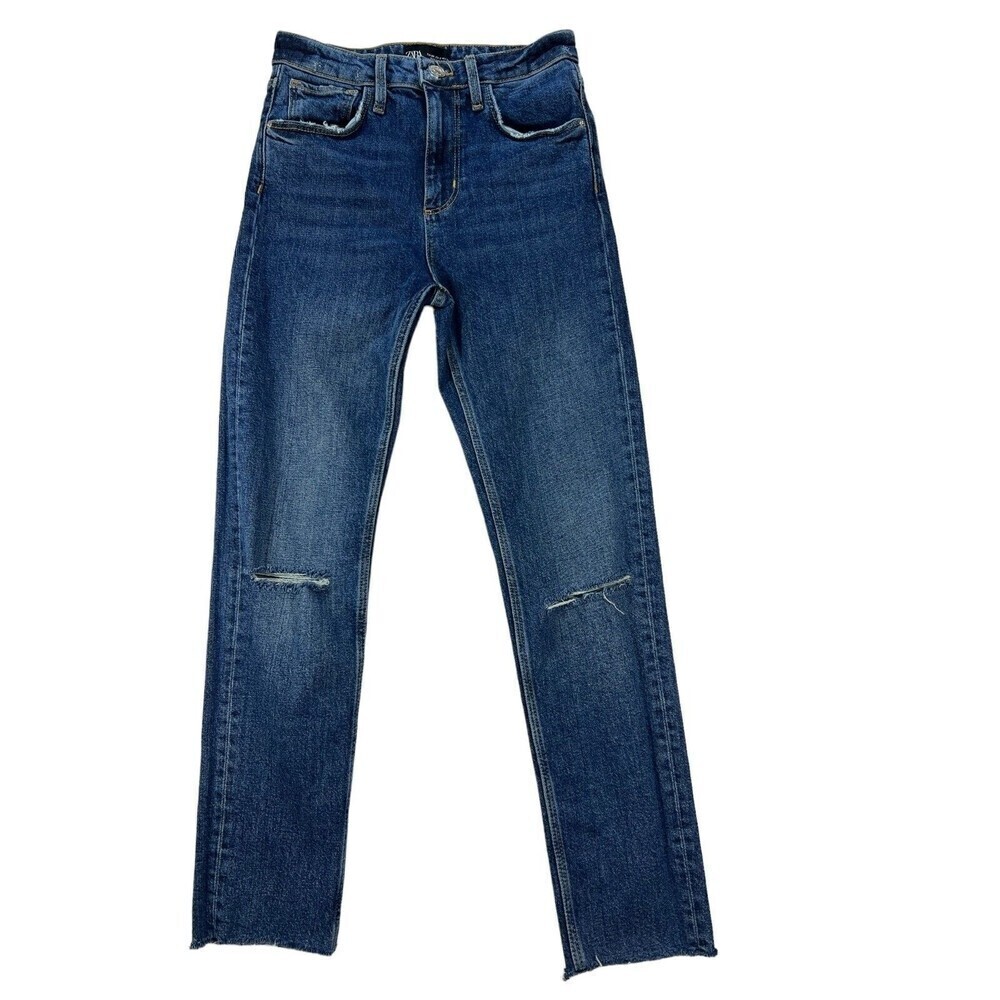 Zara Women High Rise Straight Leg Raw Hem  Distress stretch Denim Jean Size US 2